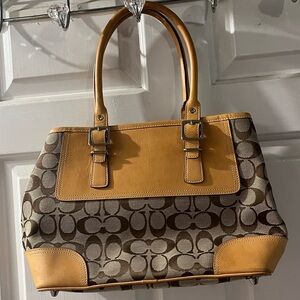 Coach Brown and Tan Shoulder Bag with Signature Monogram
